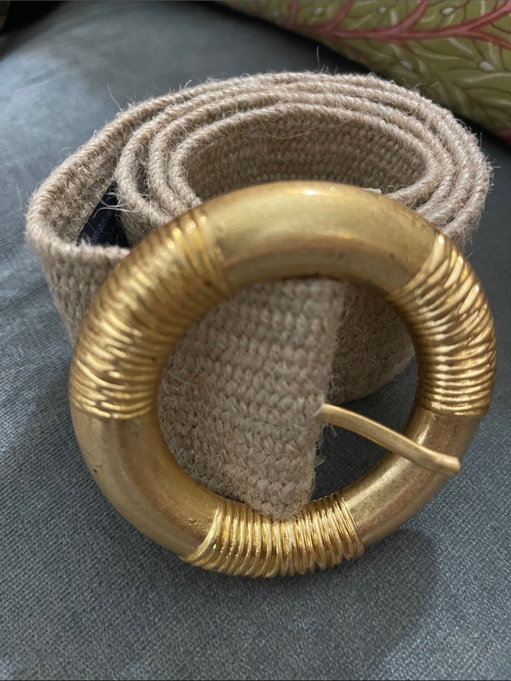 Zara Beige Woven Stretch Belt with Gold Round Buckle